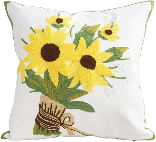 Vista 31 de Fundas de almohada bordadas, 4 girasoles de 18 x 18 pulgadas, diseño floral, 100% algodón, decoración del hogar, flores amarillas, 17.7 x 17.7 in, 1