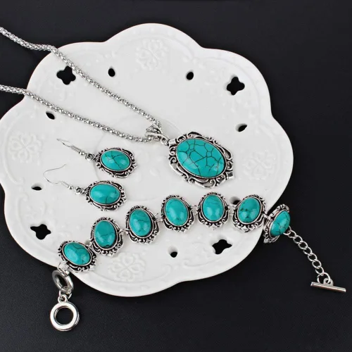 Vista 6 de Collar de San Valentín 4 unidsset vintage de imitación turquesa flor colgante collar gancho pendientes pulsera verde