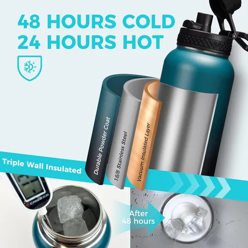 Vista 3 de Botellas de agua de 32 onzas aisladas con pajita y tapa para beber de un sorbo, asa de paracord, bolsa de transporte con correa, termo de triple
