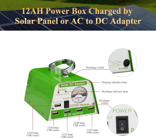 Vista 5 de Luces solares para interiores, 4 bombillas de luces solares para cobertizo con interruptor de encendido y apagado, kit de panel solar de 30W