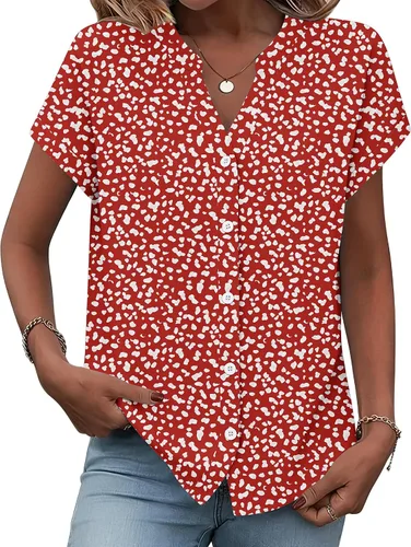 Vista 9 de Zeagoo Camisas con botones para mujer, camisetas de manga corta, cuello en V, blusas casuales de negocios