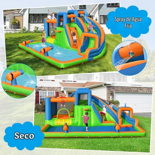 Vista 2 de BOUNTECH Tobogán acuático inflable, castillo de salto de parque acuático para niños con gran piscina de salpicaduras, 2 paredes de escalada