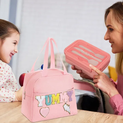 Vista 4 de Dandat Bolsa de almuerzo preppy para mujeres y niñas, bolsa de almuerzo rosa con compartimentos y taza de sopa para niñas, adultos, adolescentes