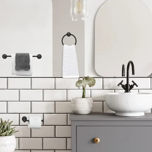 Vista 7 de Ilyapa Juego de accesorios de baño negro, juego de 3 piezas para montaje en la pared, barra para toallas, soporte para papel higiénico, anillo
