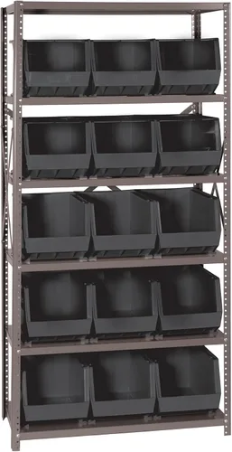 Vista 180 de Quantum QSBU-245BK Heavy Duty Shelving Unit with (7) Shelves and (24) QUS245 Black Bins for Garage Warehouse Storage Distribution 400 lb Load