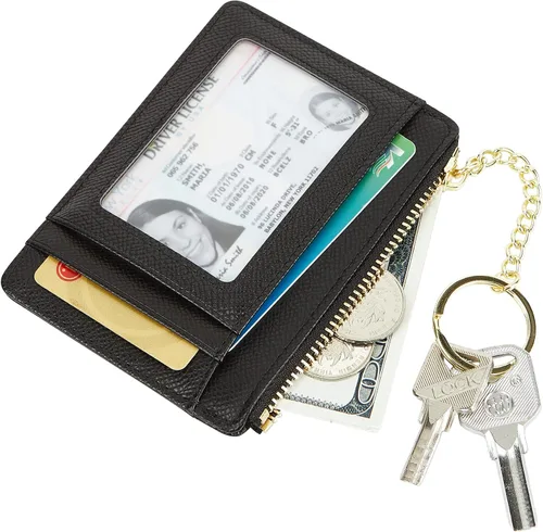 Vista 14 de Tarjetero delgado minimalista para mujer, monedero, monedero, llavero con bolsillo frontal con ventana de identificación