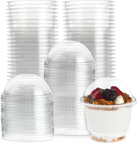 Vista 10 de Juvale Vasos de plástico con tapas, 5 onzas, transparentes, paquete de 50 unidades, tazas de postre y recipientes de helado con tapas de cúpula