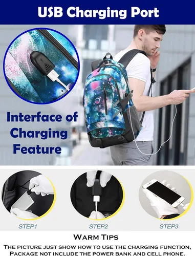Vista 4 de Mochila para la escuela, universidad, portátil, viajes, estudiantes, antirrobo con puerto de carga USB, Galaxy Color F, Mochilas Daypack