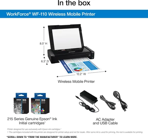 Vista 3 de Epson Workforce WF-110 Impresora móvil inalámbrica a color, blanca, pequeña, negra