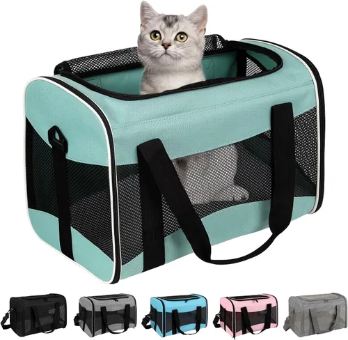 Vista 7 de Estuche de transporte para gatos, aprobado por aerolíneas, portátil y transpirable, transportador de viaje para mascotas, almohadilla de forro polar