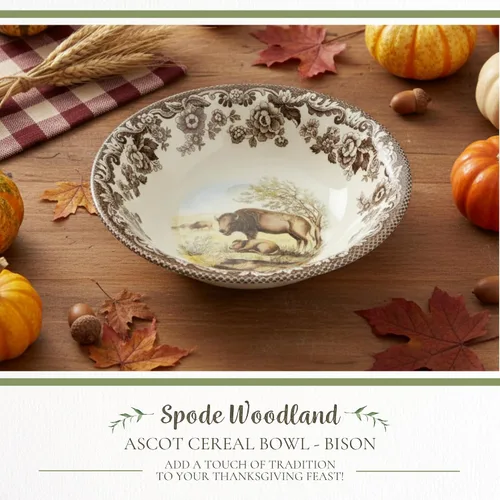 Vista 2 de Spode Woodland American Wildlife Ascot - Cuenco para cereales, diseño de bisonte, cuenco de loza fina de 8 pulgadas para cereales, ensaladas