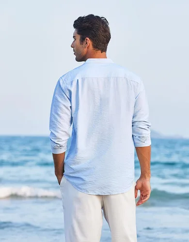 Vista 5 de COOFANDY Camisa Henley de lino para hombre, de manga larga, casual, hippie, de algodón, para playa