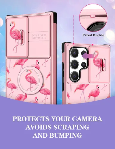 Vista 3 de Funda 2 en 1 para Samsung Galaxy S23 Ultra Flamingo para mujeres y niñas, diseño femenino de flamencos con cubierta deslizante para cámara y soporte