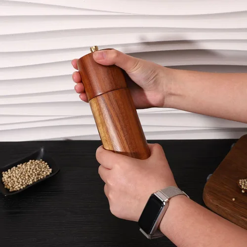 Vista 3 de 2 Pieces Acacia Wood Manual Pepper Grinder and Sea Salt Mill Set Handheld Spice Tool for Kitchen(GStraight Tube)
