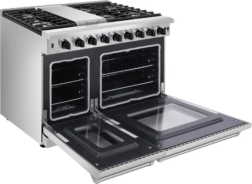 Vista 4 de THOR Kitchen Estufa de gas independiente de 48 pulgadas con horno doble en acero inoxidable - Modelo LRG4807U + Kit de conversión LP