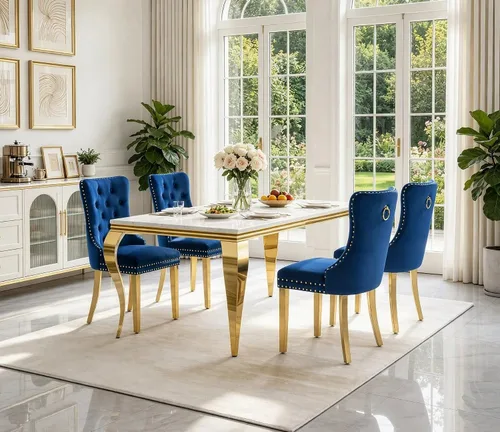 Vista 13 de Juego de 5 mesas de comedor de mármol sintético para 4 mesas de cocina de lujo de 68 pulgadas de oro blanco con 4 sillas tapizadas de terciopelo