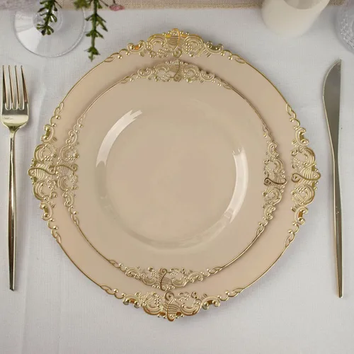 Vista 38 de Paquete de 10 platos redondos de plástico barroco dorado de 8 pulgadas para ensalada de postre, vajilla desechable con borde dorado en relieve