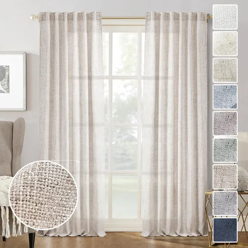 Vista 10 de Cortinas de Lino Natural Color Crema de 84 Pulgadas de Largo para Sala de Estar, Juego de 2 Paneles de Lino Texturizado con Trabillas Traseras