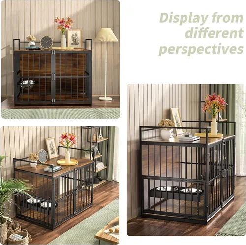 Vista 7 de ROOMTEC Jaula para Perros Estilo Mueble para Perros Grandes de Interior Super Resistente y Duradera con 2 Cuencos de Acero Inoxidable