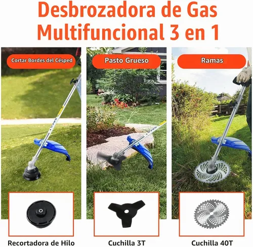 Vista 5 de Cortadora de setos a gas 5 en 1, desbrozadora multifunción de 41.5 cc, 2 tiempos, cortador de cepillo, sierra de poste, herramienta de césped a gas