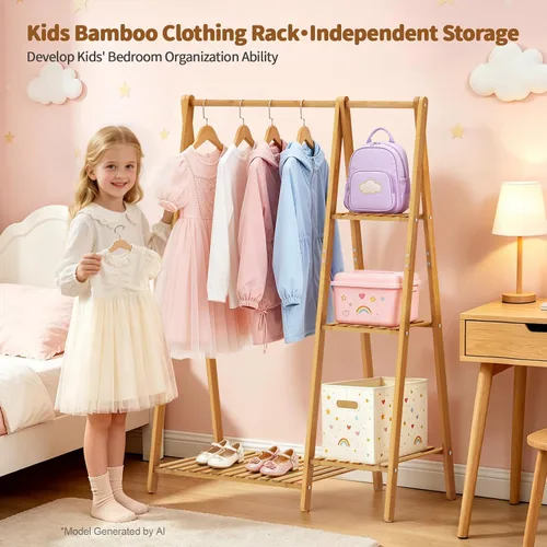 Vista 3 de Percheros pequeños para ropa, perchero para colgar ropa de niños, perchero de madera de bambú con estantes, estante de esquina independiente