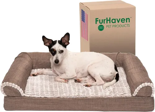 Vista 19 de Furhaven Cama para perro, de espuma viscoelástica, estilo sofá, Sherpa y chenilla, crema, M