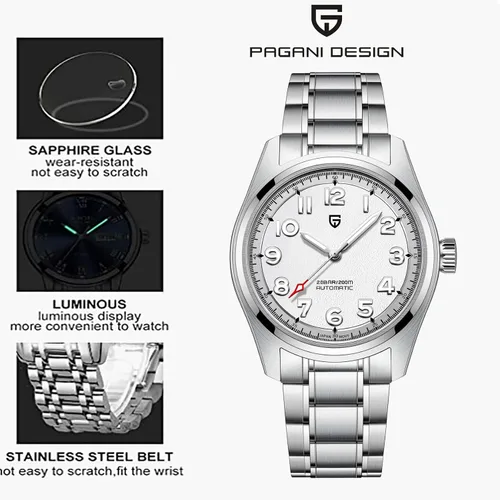 Vista 3 de Mens Watches, Pagani Design Watches for Men, 200 Meters Waterproof Watch, Stylish Stainless Steel Wristwatch, 38MM Sapphire Glass, Japanese NH35