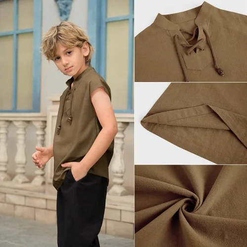 Vista 5 de Camisetas sin mangas para niños, disfraz de pirata renacentista, para niños, vikingo, medieval, con cordones, escocés, Halloween, cosplay, camisetas