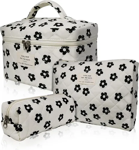 Vista 13 de Juego de bolsas de maquillaje, bolsa de maquillaje acolchada, bolsa grande para cosméticos florales para mujer, bonitas bolsas de maquillaje