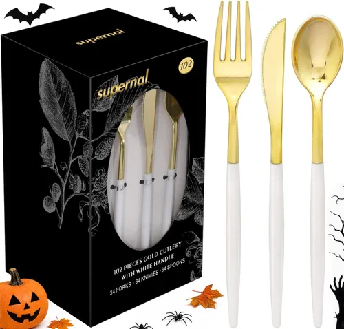 Vista 19 de Supernal 102 cubiertos de plástico dorados, cubiertos dorados con mango negro, colección de cubiertos desechables, incluye 34 tenedores de plástico