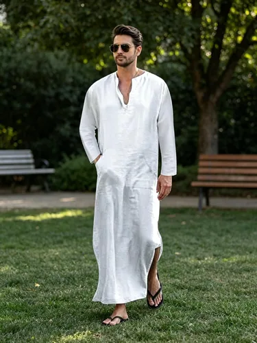 Vista 4 de Jacansi - Bata de cuello en V para hombre, manga corta, división lateral, caftán de algodón, thobe largo, tallas S-3XL Blanco (White #1)