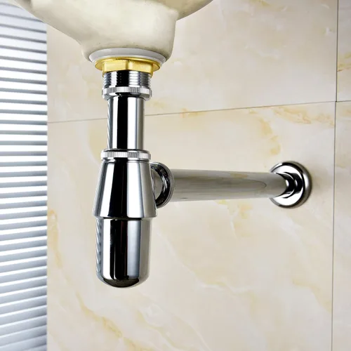 Vista 2 de Ciencia Trampa de latón para botellas, fregadero P, trampa cromada montada en la pared del lavabo del lavabo de la botella trampa de residuos