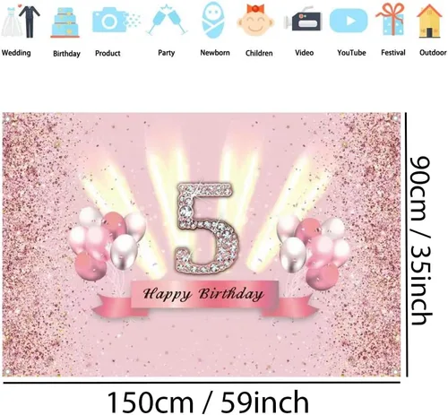 Vista 2 de Decoraciones de feliz cumpleaños 5 para niñas, pancarta de fondo para decoración de fiesta, póster de tela de aniversario, fondo de foto rosa