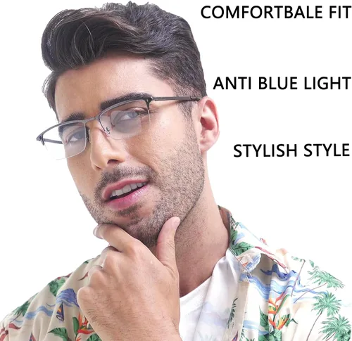 Vista 4 de 3-Pack Reading Glasses for Men Blue Light Blocking Fashion Metal Half Wide Frame Readers Semi Rimless Eyeglasses