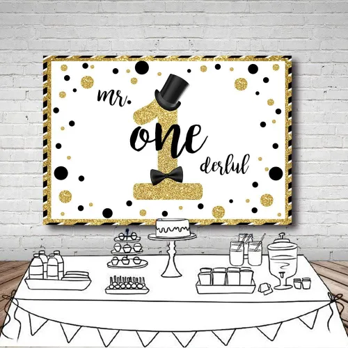 Vista 5 de MEHOFOND Mr Onederful - Fondo de cabina de estudio fotográfico negro y dorado con purpurina dorada, sombrero negro, pajarita para decoración