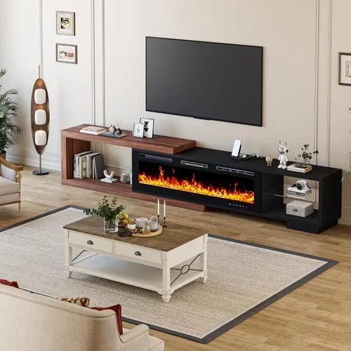 Vista 6 de Soporte de TV extensible con chimenea eléctrica de 71 a 116 pulgadas, moderno centro de entretenimiento con luces LED y toma de corriente para TV