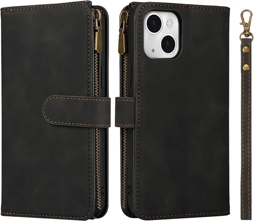 Vista 9 de iCoverCase Compatible con iPhone 13 - Funda tipo cartera para teléfono con tarjetero, piel sintética, bolsillo con cremallera, magnética