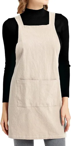 Vista 9 de ELEZAY Delantales para mujer con bolsillos, talla grande, cómodo, espalda cruzada, sin lazo, delantal de lino y algodón Verde