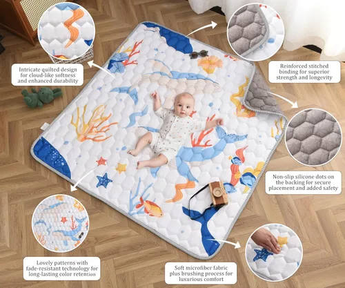 Vista 5 de TADO MUSLIN Tapete de juego para bebé de 50 x 50 pulgadas, tapete suave y grueso para corral de juegos, tapete de espuma lavable a máquina con parte