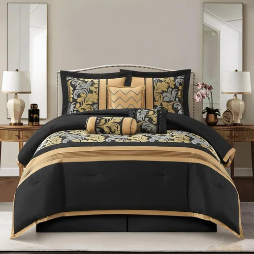 Vista 2 de Stratford Park Juego de ropa de cama de 7 piezas con diseño de hojas, color negro, tamaño Queen, diseño jacquard, para todas las estaciones, falda