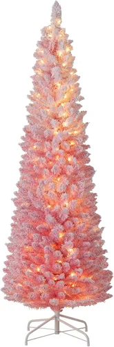 Vista 23 de GOFLAME - Árbol de Navidad artificial de 6 pies con luces LED blancas cálidas preiluminadas, árbol de Navidad con flecos de nieve, 435 puntas