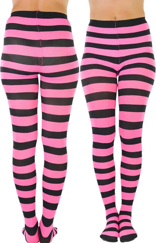 Vista 2 de ToBeInStyle Medias de contraste de rayas horizontales anchas para mujer, medias opacas Negro y rosa muñeca