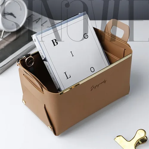 Vista 2 de Cesta decorativa de piel sintética, cesta pequeña para entrada, mesita de noche, cómoda, caja organizadora rectangular plegable (marrón)