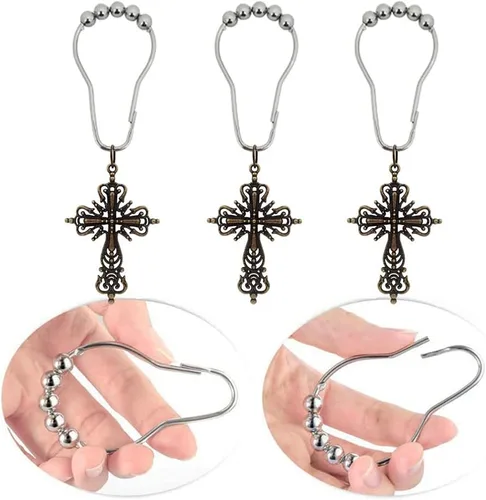 Vista 3 de 12 ganchos de cortina de ducha con cruz vintage para baño, anillos de cortina de acero inoxidable a prueba de óxido con colgante de cruz para Cruz