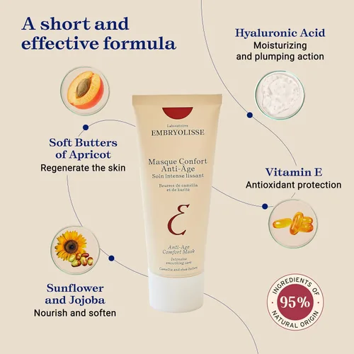 Vista 4 de Embryolisse Mascarilla antiedad, máscara facial nocturna de ácido hialurónico y vitamina E, crema antiarrugas natural y orgánica, loción sin