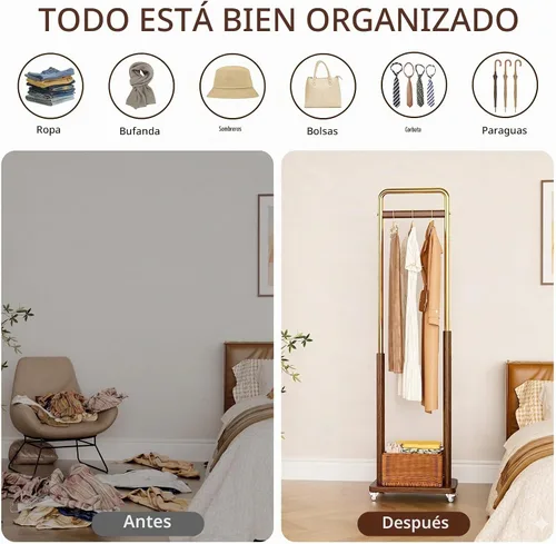 Vista 5 de Taitiy Perchero de madera maciza con ruedas, independiente para entrada