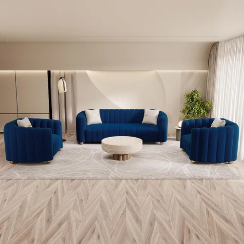 Vista 22 de Moderno juego de sofá de terciopelo negro de 3 piezas para sala de estar, juego de sofá curvado acolchado con patas de esfera de metal dorado
