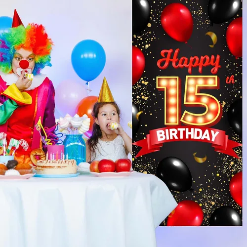 Vista 4 de Cartel de feliz cumpleaños número 15 rojo y negro, globos de fondo para decoración temática para niñas y mujeres, princesas de 15 años, suministros