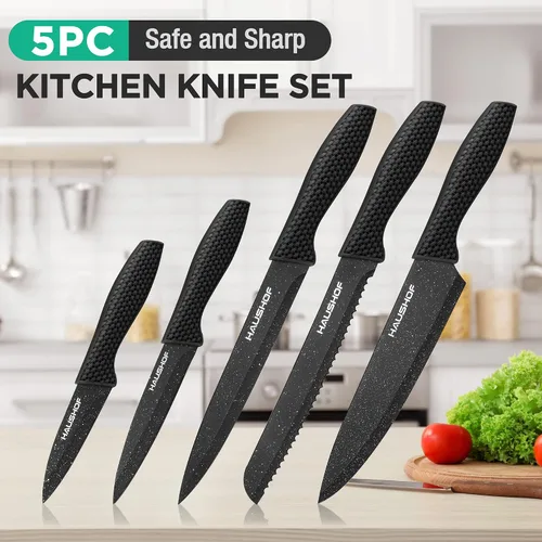 Vista 3 de HAUSHOF Juego de cuchillos de cocina, 5 piezas con bloque de acrílico, juego de cuchillos negros con revestimiento de teflón para la cocina, juego