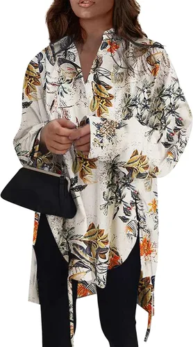 Vista 21 de Camisas de manga larga con botones para mujer, asimétricas, casuales, con cordones, túnica de gran